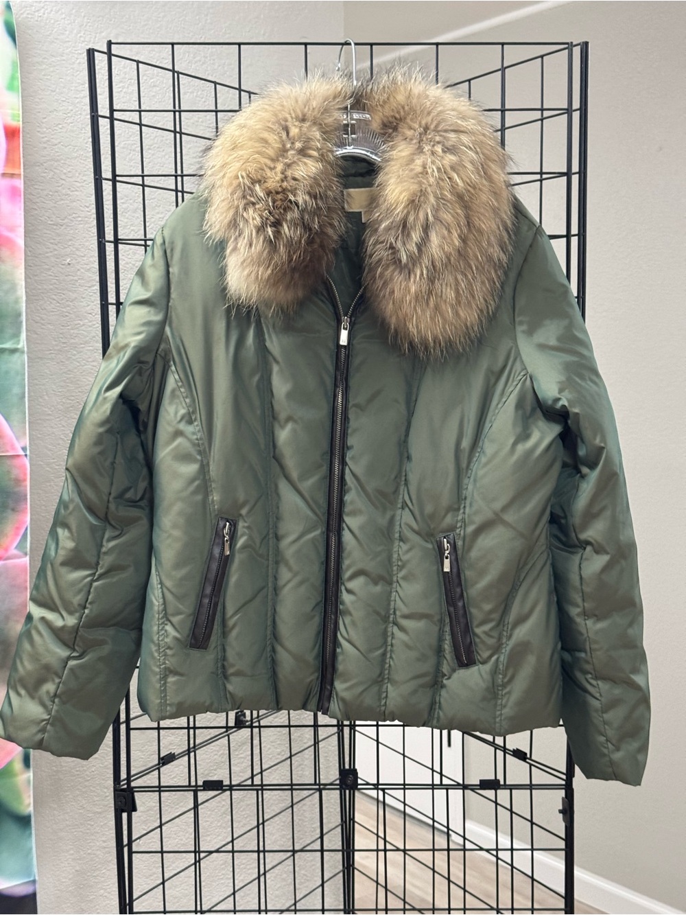 Michael Kors Olive Green Puffer Jacket with Fur Collar XL Pit 24” x L 26” NWOT